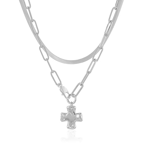 Bheop Chunky Cross Necklace for Women, 14K Gold Silver Statement Necklace | Sturdy Paperclip Chain, Hammered Pendant, Vintage Charm, Trendy Costume Jewelry, Faith Christian Religious Gift, Non Tarnish - style: SL-2PCS/0.8 inch Cross+Herringbone Necklace