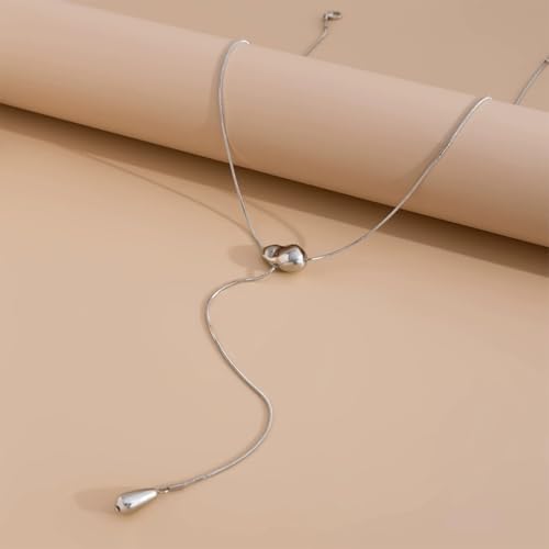 Trendy Long Gold or Silver Teardrop Tassel Y Necklace, Delicate Hollow Irregular Geometric Necklaces for Women Punk Party Charm Statement Jewelry Gift - color: Silver