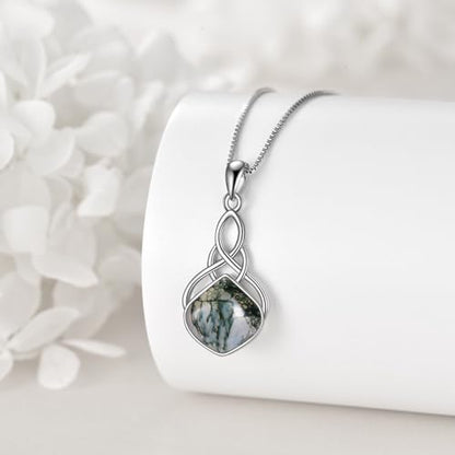 YAFEINI Irish Celtic Pendant Necklace Sterling Silver Natural Stone Teardrop Necklace Jewelry Gifts For Women Girls - color: Moss agate necklace