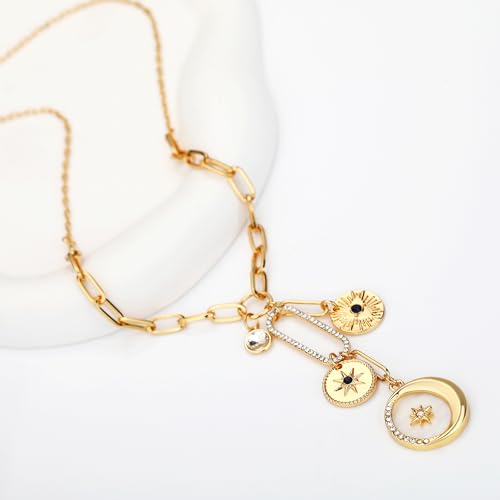 Charm Necklace for Women Gold Evil Eye Sun Moon Flower Coin Pendant Necklace Dainty Paperclip Chain Vintage Luck Amulet Choker Necklaces Celestial Jewelry Gift - style: Shell Coin, Moon