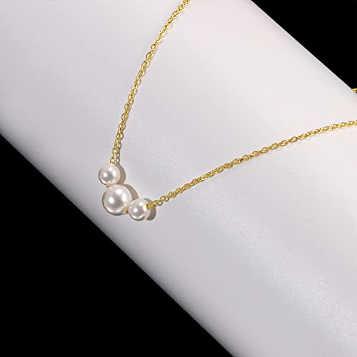 Gold Pearl Necklace For Women - 14K Gold Plated Layered Herringbone Chain Pearl Necklace, Trendy Simple Gold Jewelry Gift - color: Three Pearl-Gold