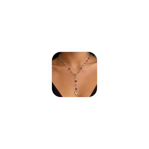 Long Heart Pendant Necklace Colorful Rhinestone Y Necklace Heart Lariat Jewelry Multicolor Party Outfit Accessory - color: A3:lariat necklace