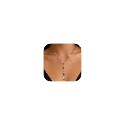 Long Heart Pendant Necklace Colorful Rhinestone Y Necklace Heart Lariat Jewelry Multicolor Party Outfit Accessory - color: A3:lariat necklace