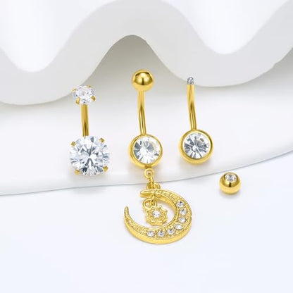 14G Dangle Belly Button Ring Piercing Jewelry 316L Stainless Surgical Steel Heart Flower CZ Reverse Navel Rings Dangling Belly Button Ring Piercing Jewelry for Women 14 Gauge Hypoallergenic - style: 12Pcs Gold