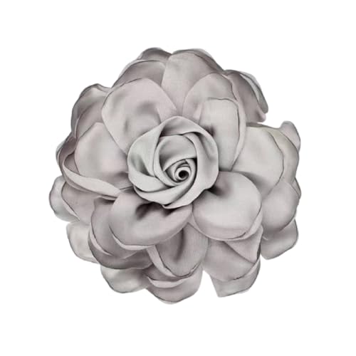 Dainty Satin 3D Rose Flower Brooch Pins Delicate Large Camellia Pin Shawl Clips Duckbill Clips Wedding Prom Banquet Party Jewelry Gift for Women - color: Grey
