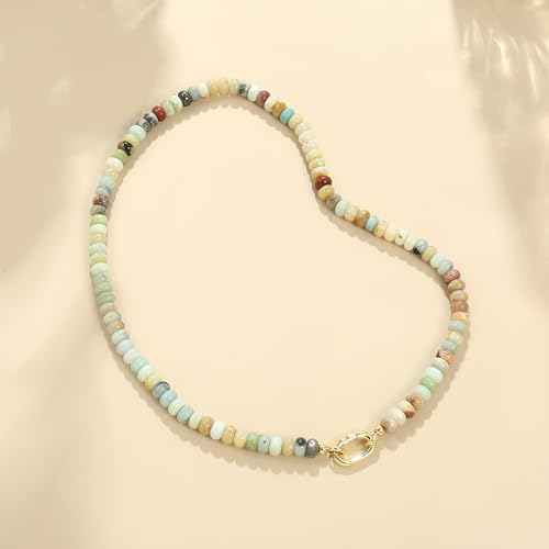 CONRAN KREMIX Colorful Stone Beaded Necklace for Women,Natural Gemstone Bead Choker Necklaces Boho Summer Beach Layering Necklace Jewelry Gift for Women - color: Amazonite