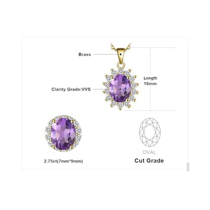 JewelryPalace Princess Diana Kate Middleton Natural Amethyst Citrine Garnet Peridot Topaz Created Ruby Sapphire Simulated Emerald Pendant Necklace for Women, 925 Sterling Silver Gemstone Jewelry Set - color: K-Yellow Gold Plated Brass-Purple CZ