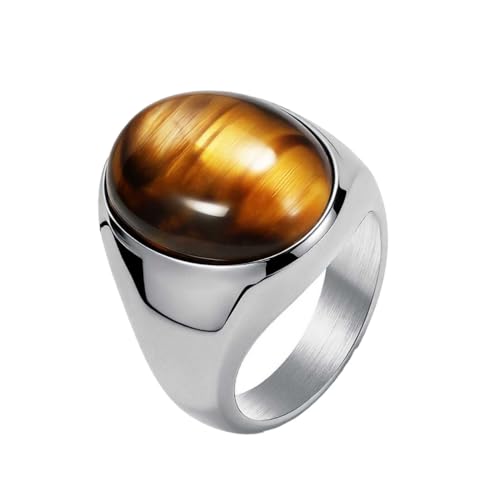 PAURO Men's Stainless Steel Oval Gemstone Signet Rings Minimalist Polish Plain Wedding Band - color: Silver Plated Brown
