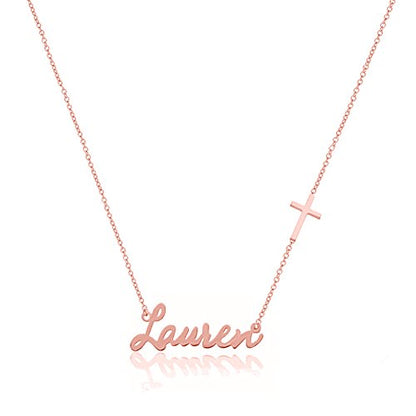 925 Sterling Silver Personalized Name Necklace with Cross Pendant Custom Made with Any Names - color: Rose Gold