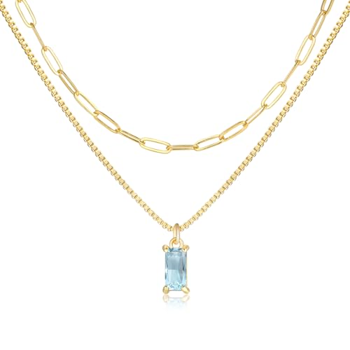 Dainty Gold Charm Necklaces for Women Non Tarnish, 14K Trendy Blue Green Cubic Zirconia Emerald Pendant Birthstone Necklaces Birthday Gifts for Women Waterproof Jewelry - color: 03-March(Aquamarine)