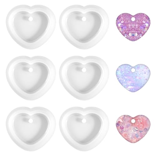 6 Pcs Heart Resin Mold Love Heart Shape Silicone Molds for Resin with Hole Cute Silicone Jewelry Casting for DIY Craft Pendant Necklace