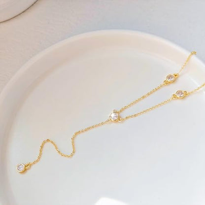 Zeffy Lariat Gold Necklace for Women, Dainty Long Necklace 14k Gold/Silver Plated Layered CZ Beaded Bar Chain Y-Shaped Body Chain Stack Drop Wedding Necklace Trendy Simple Gold Jewelry Gifts - color: Gold Six CZ Y Necklace(1PCS)