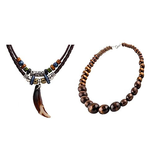 Wood Bead Necklace Africa Wooden Chain Statement Unisex Chunky Necklaces - color: Tooth Necklace+Classic Brown Necklace
