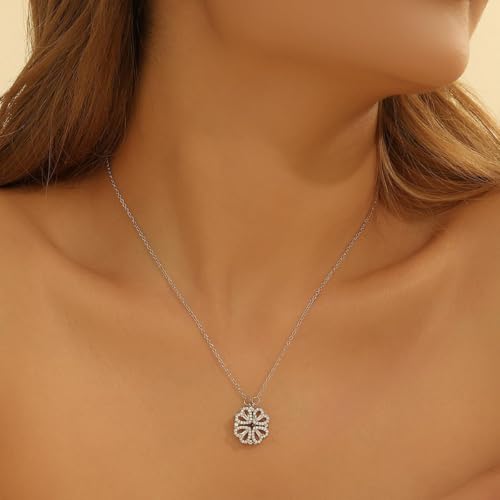 Four Leaf Clover Necklace Foldable for Women,925 Sterling SIlver Bling zircon stone Four Heart Grass Women's Necklaces Crocker ,Retro Magnetic Folding Love Heart Pendant One Style,Two Wearing Methods - color: Silver