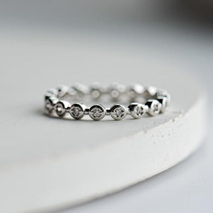 espere Womens Bezel Set Wedding Band | 14K Gold Plated Round Cut CZ Half Eternity Wedding Ring - color: Silver; Full Eternity Bezel Set