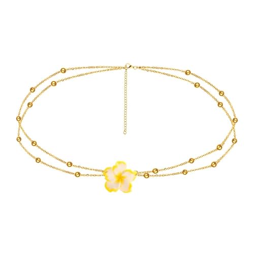 Plumeria Flower Belly Chains for Women Girls Gold Beads Waist Chains Double Layer Hawaiian Flower Body Chain for Summer Beach Adjustable Floral Belly Belt for Teen Girls Sexy Bikini Accessories