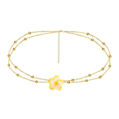 Plumeria Flower Belly Chains for Women Girls Gold Beads Waist Chains Double Layer Hawaiian Flower Body Chain for Summer Beach Adjustable Floral Belly Belt for Teen Girls Sexy Bikini Accessories