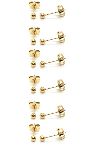 14K Gold Filled Polished Small CZ Pearl Ball Stud Earrings Set for Women Men 20G Surgical Steel Hypoallergenic Piercing Studs for Sensitive Ear, Pack of 6 Pairs - style: H : 3MM Gold Ball Set