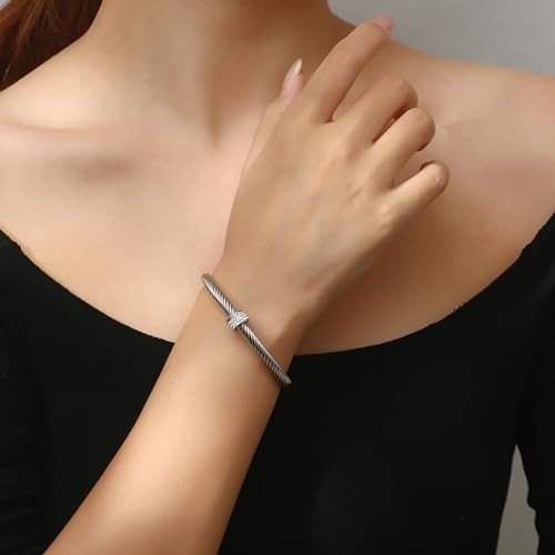 Cable Bracelet, an Adjustable Women's Cuff Bracelet made of 316 Stainless Steel, a Christmas and Birthday Gift - color: Silver