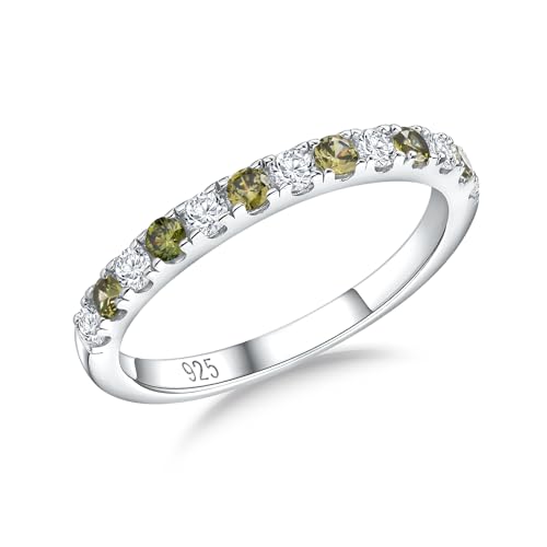 Birthstone Rings Eternity Band 925 Sterling Silver/Yellow Gold-Plated Created Gemstone Stackable Wedding Band 2.7mm Thin Half Eternity Rings for Women Size 6 to 10 - color: 08-Peridot-Aug.