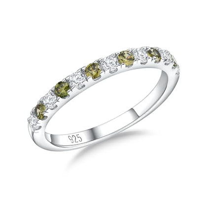 Birthstone Rings Eternity Band 925 Sterling Silver/Yellow Gold-Plated Created Gemstone Stackable Wedding Band 2.7mm Thin Half Eternity Rings for Women Size 6 to 10 - color: 08-Peridot-Aug.