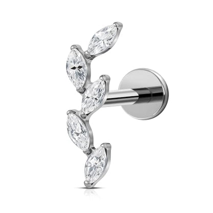 FINE4U 16G CZ Cluster Climber Cartilage Earring for Helix, Tragus - ASTM F136 Titanium Triple Marquise Labret Stud, Screw on Nickel Free Flat Back Jewelry - color: Five Marquise - Clear CZ - Tit