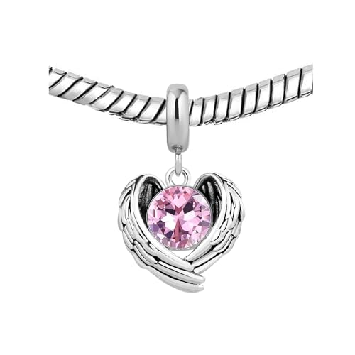 KunBead Guardian Angel Heart Wings Birthstone Dangle Birthday Charms Compatible with Pandora Charm Bracelet for Women - color: Pink