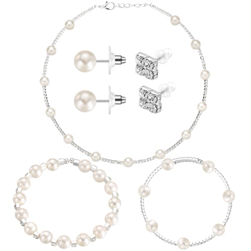 Glenmal Pearl Rhinestone Jewelry Set for Women Pearl Necklace Bracelet Earrings for Wedding Halloween Bridal Shower Tea Party - style: Cute Style