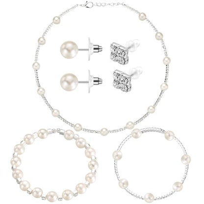 Glenmal Pearl Rhinestone Jewelry Set for Women Pearl Necklace Bracelet Earrings for Wedding Halloween Bridal Shower Tea Party - style: Cute Style