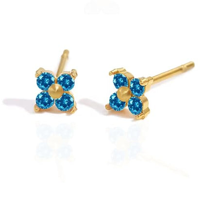 QueenBee 14K Gold Plated Ivy Flower Birthstone Stud Earrings for Women Dainty Floral Gemstone Studs Unique Jewelry Gift for Her - color: Mar-Aquamarine