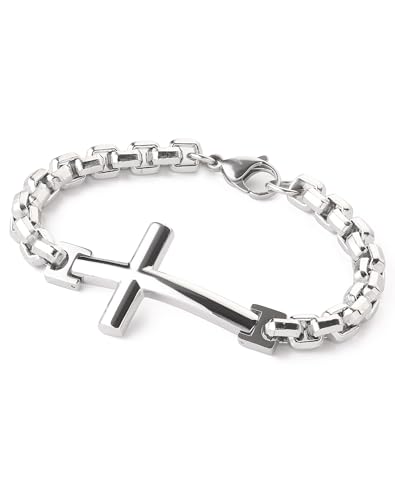 Stainless Steel Mens Cross Bracelet - 18K Gold Plated 316L Christian - Religious Jewelry for Women - color: Rhodium plated