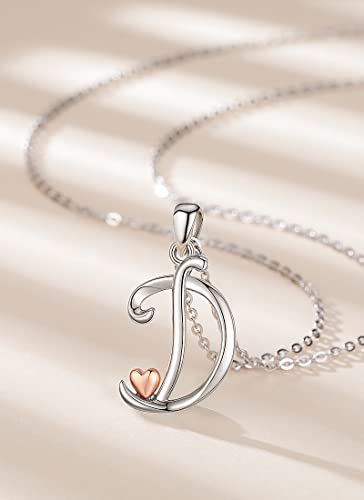 CELESTIA 925 Sterling Silver Initial Necklaces 26 Letter with Rose Gold Heart - 18 Inch Chain - color: D-Initial