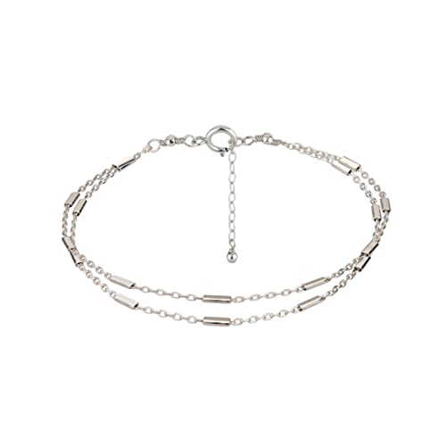 925 Sterling Silver Double Layered Bracelet, Length 6.5-7.5 Inches, Chain Bracelets for Women, Waterproof Minimalist Women's Jewelry (Satellite Bar Chains)
