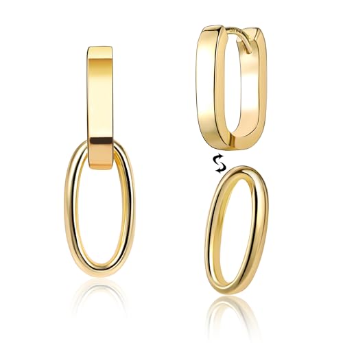 Silver Dangle Double Hoop Earrings For Women Paperclip Link Earring | Drop Small Silver Earrings Square Huggie Paperclip Dangly Hoop Silver Hoops Earrings Jewelry - color: 14K Gold