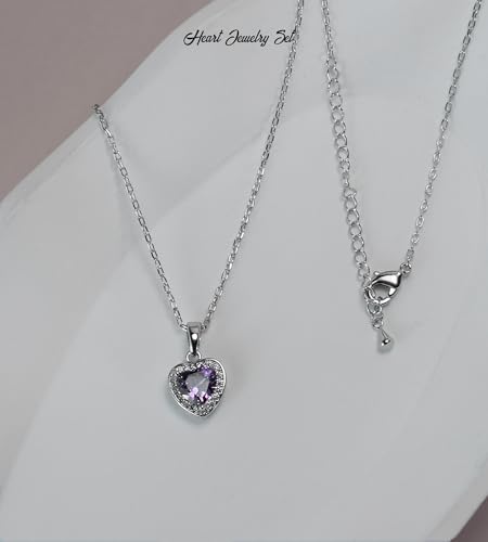 Cubic Zirconia LOVE Heart Jewelry Set Earrings Necklace Bracelet Set for Women Prom Wedding Party Anniversary Birthday - color: Purple