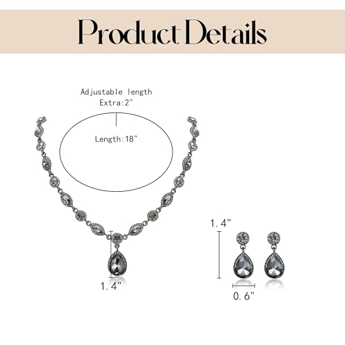 EleQueen Women's Teardrop Necklace Earrings Jewellery Set for Party Prom | Wedding Bridal Costume Jewelry Set for Brides Bridesmaids, Crystal Teardrop Necklace Dangle Earrings - color: Gray Color Black-Tone