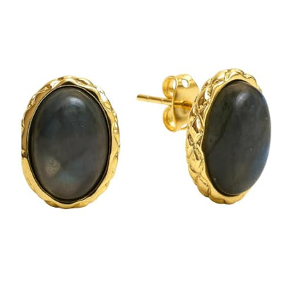 Gempires Bold Oval Gemstone Stud Earrings for Women – Natural Healing Stone Jewelry 14K Gold-Plated Hypoallergenic Tarnish-Resistant – Bold Statement Studs Gift for Her - style: Labradorite