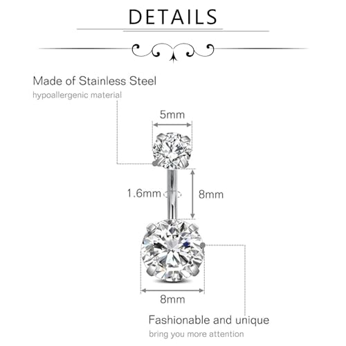 FECTAS 14g Belly Button Rings Surgical Steel CZ Petite Navel Ring for Women Body Piercing Jewelry Petite select Barbell Len 6mm 8mm 10mm 12mm 14mm Silver - style: silver1-2pcs-6mm bar