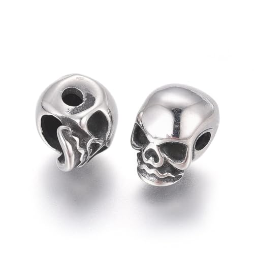 Elecrelive 10Pcs Skull Large Hole Beads Skeleton Skull Head Stainless Steel Beads Halloween Bracelet Charms for Gothic Bracelets Earrings Jewelry Making - color: Antique Silver, 11mm
