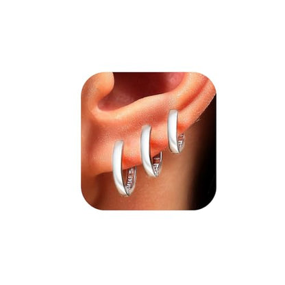 ORANGELOVE 3 Pairs 14K Gold Plated Huggie Hoop Earrings Set for Women or Men Lightweight Hypoallergenic Small Hoop Earring Pack Multiple Piercing Stacks Cartilage Piercing Jewelry - style: Silver-8/10/12mm