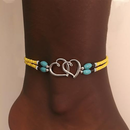 Elastic Beaded Ankle Bracelets for Women Double Heart Layered Stretch Ankle Bracelets Waterproof Dainty Boho Beaded Anklets for Summer Beach Foot Jewelry - color: Yellow Silver