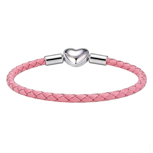 GMXLin Leather Charm Bracelet Heart Snap Clasp Clip Lock Handmade Braided Wristband Compatible with Women Pandora Charm Bead - color: Pink