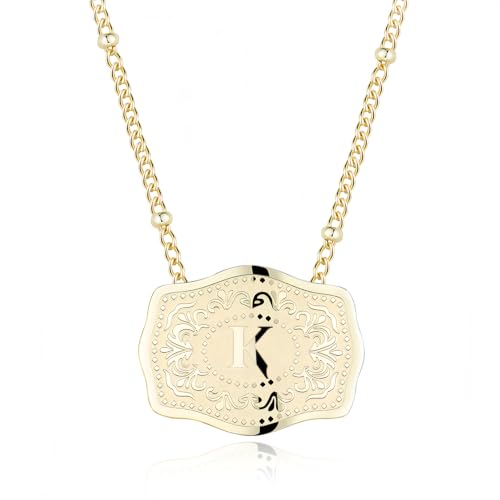 14K Gold-Plated Initial Necklace for Women, Western Belt Buckle Letter Pendant, Alphabet Necklace Includes 2 Chains, Cowgirl Jewelry Gift - color: K