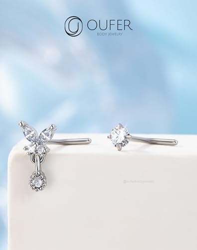 OUFER 2PCS Stainless Steel Nose Rings, Moon Star Butterfly Design 20G Nostril Dangle Piercing Jewelry - 7MM - style: Butterfly