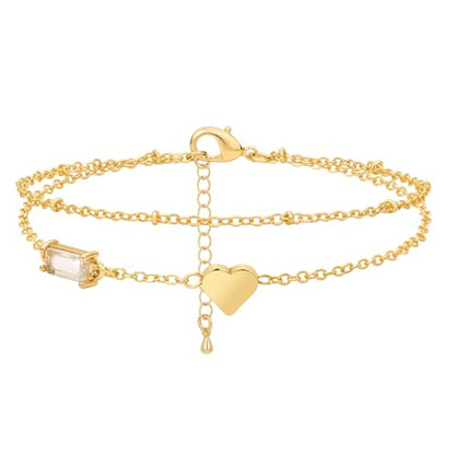 Birthstone Anklet with Heart Charm Layer Ankle Bracelet for Women, 14K Gold Plated Adjustable Chain Stackable Trendy Jewelry Gift for Her, Mom, Friend, Wife - style: 4-April