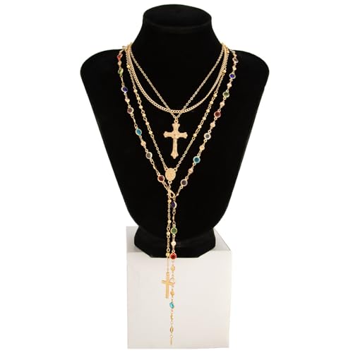 Layered Cross Necklace Set for Women, Layered Choker Necklaces Trendy Jewelry, Colorful Enamel Beaded Y-Shaped Lariat Necklace, Boho Multilayer Cross Necklace for Party and Daily Wear - color: Gold-02