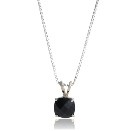 MAX + STONE 925 Sterling Silver Cushion Cut Birthstone Necklace for Women | 6mm Hypoallergenic Solitaire Necklace | Gemstone Pendant Necklaces with 18 inch Box Chain - color: Onyx