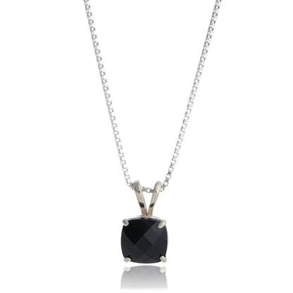 MAX + STONE 925 Sterling Silver Cushion Cut Birthstone Necklace for Women | 6mm Hypoallergenic Solitaire Necklace | Gemstone Pendant Necklaces with 18 inch Box Chain - color: Onyx