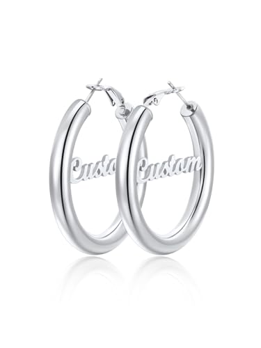 FindChic Hoop Earrings for Women, Silver/Black/14K Gold Plated Hypoallergenic Hollow Round Tube Loop Earrings, 20mm/30mm/40mm/60mm/80mm Chunky Hoops with Custom Name Options & Gift Box - color: e.Silver (Custom Name), size: 40MM