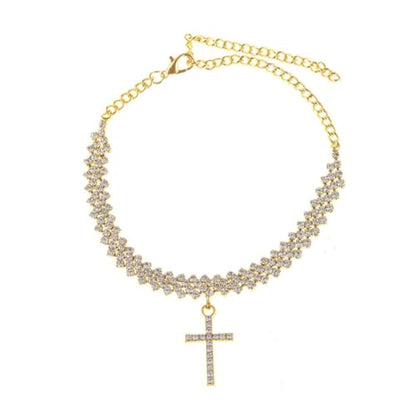 Cross Ankle Bracelet for Women Double Layer Crystal Tennis Chain Anklets Bling Cross Anklets Boho Summer Beach Foot Bracelet - color: gold